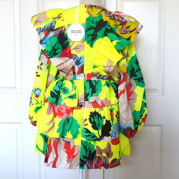 Christopher John Roger's x Target Dress Chartreuse Green Yellow Floral Ruffle - Picture 7 of 9